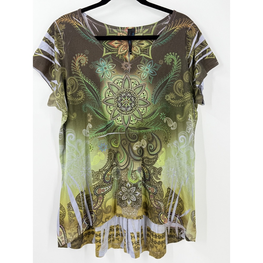 Vtg y2k Paisley Rhinestone Top Womens sz 1X Forest Fairy Grunge Indie Boho